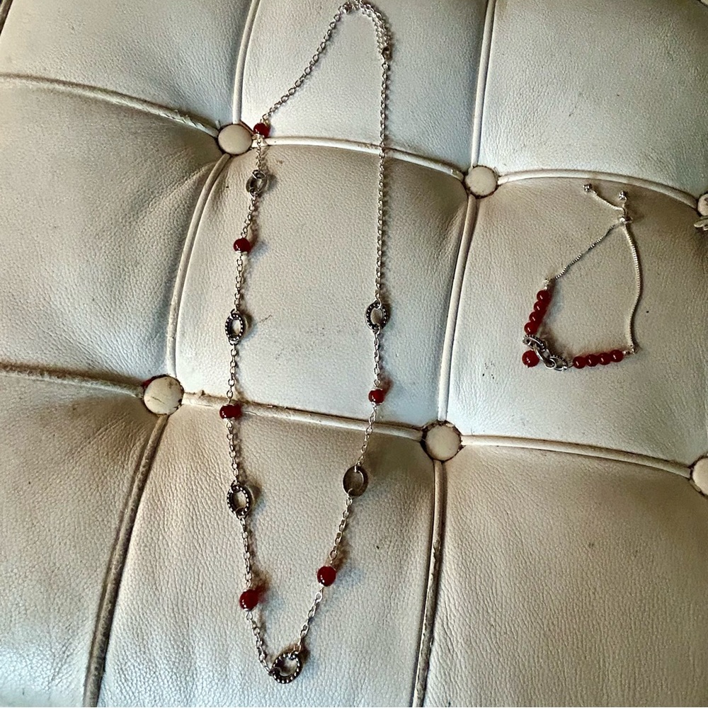 Silver tone necklace and bracelet with carnelian type stones new
